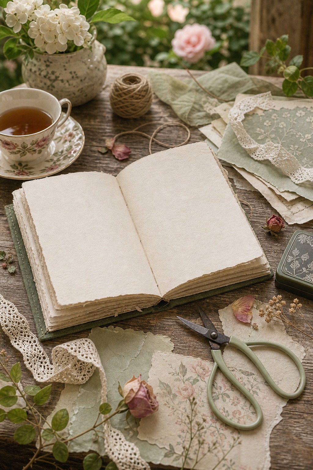 Garden journal process scene with blank cream pages and lace