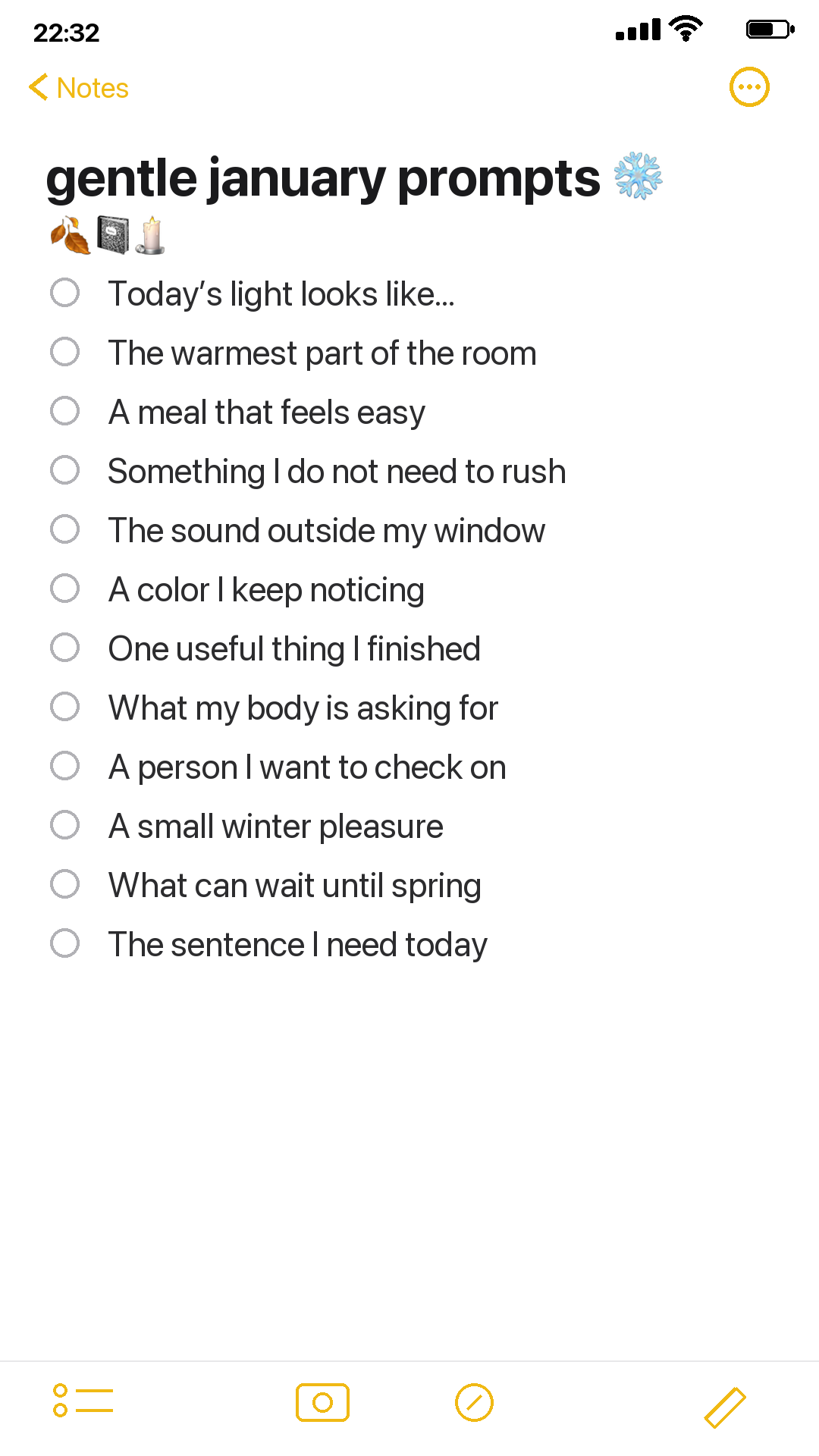 iPhone Notes list for 12 gentle january journal prompts for winter days