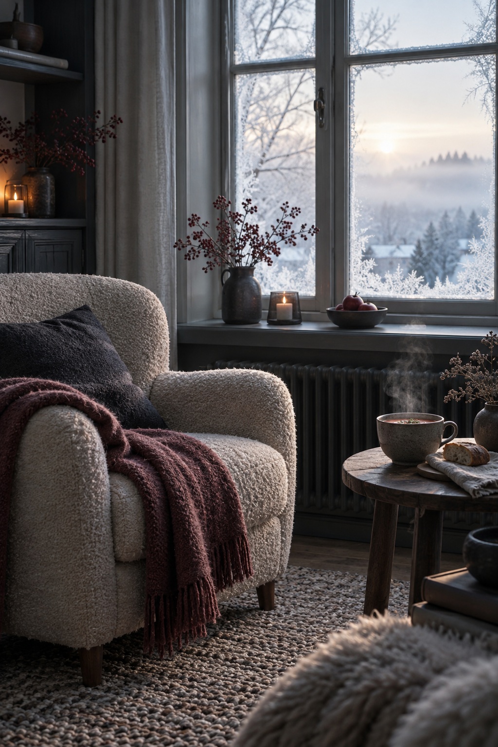Frosted January window beside a wool chair, steaming soup, berries, and muted winter light.