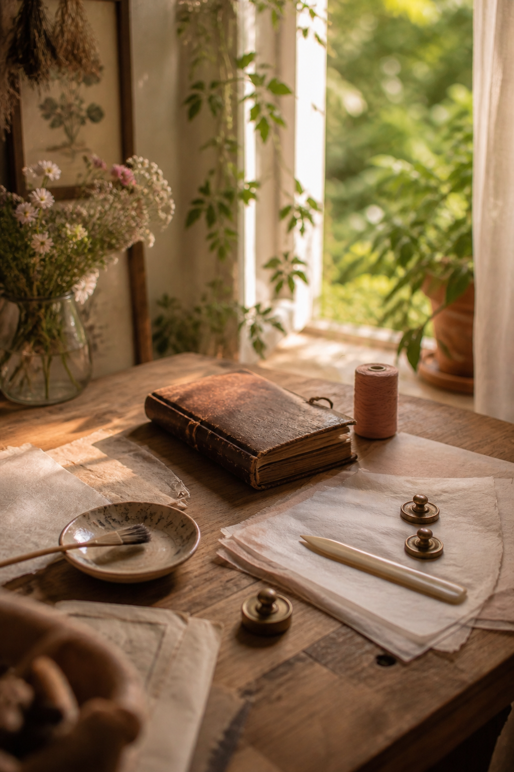 Quiet paper restoration table with a worn closed journal, thin paper, thread, brush, and weights