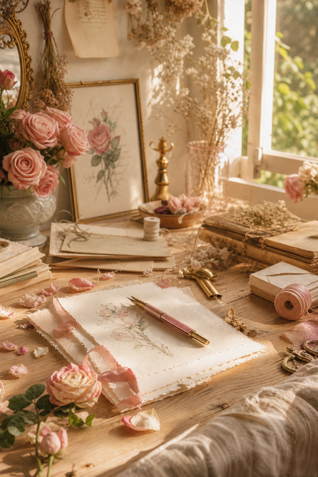 Elegant sunlit craft desk in blush, ivory, rosewood, and antique gold