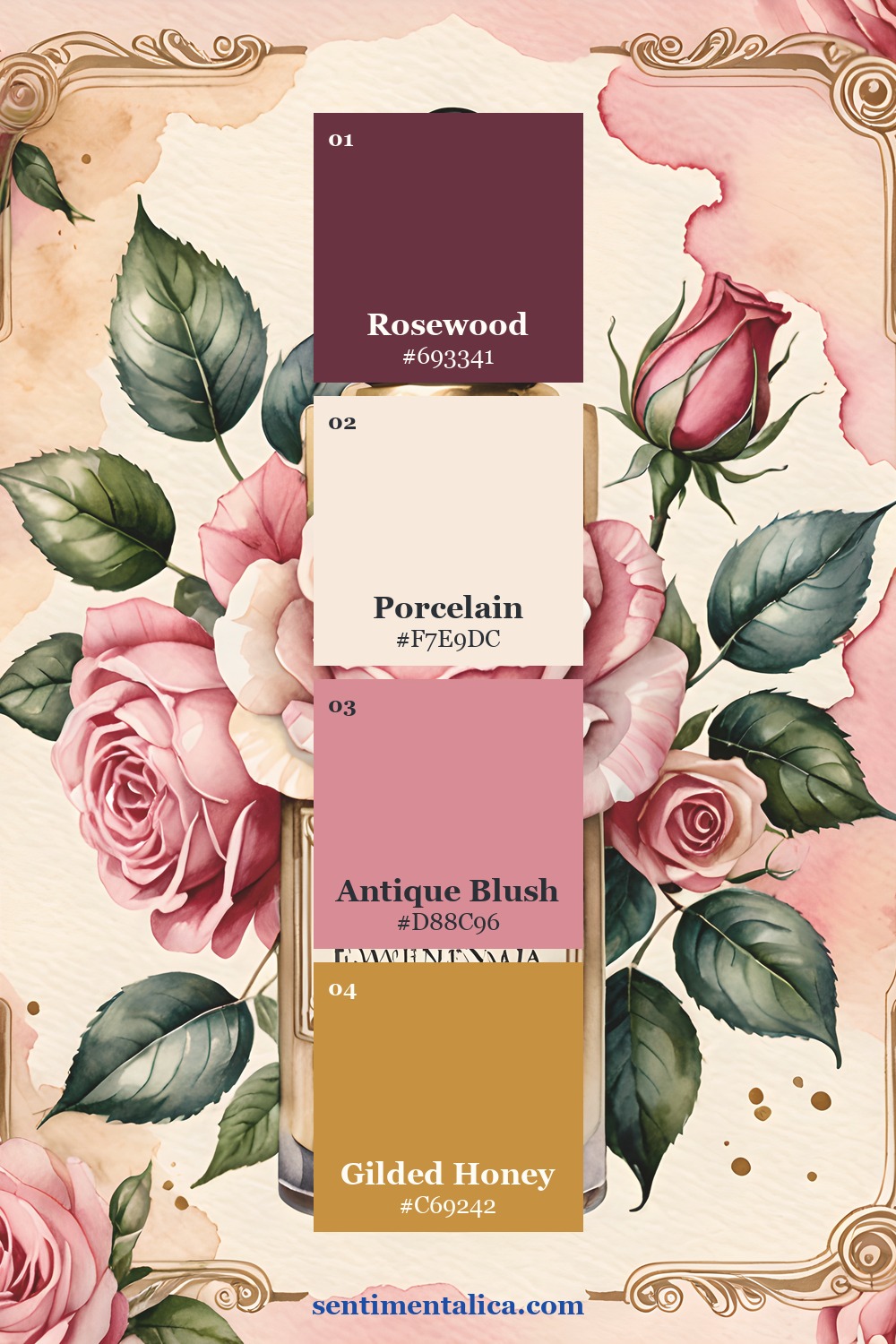 Gilded Blush rose and perfume watercolor page with rosewood, porcelain, blush, and gold swatches