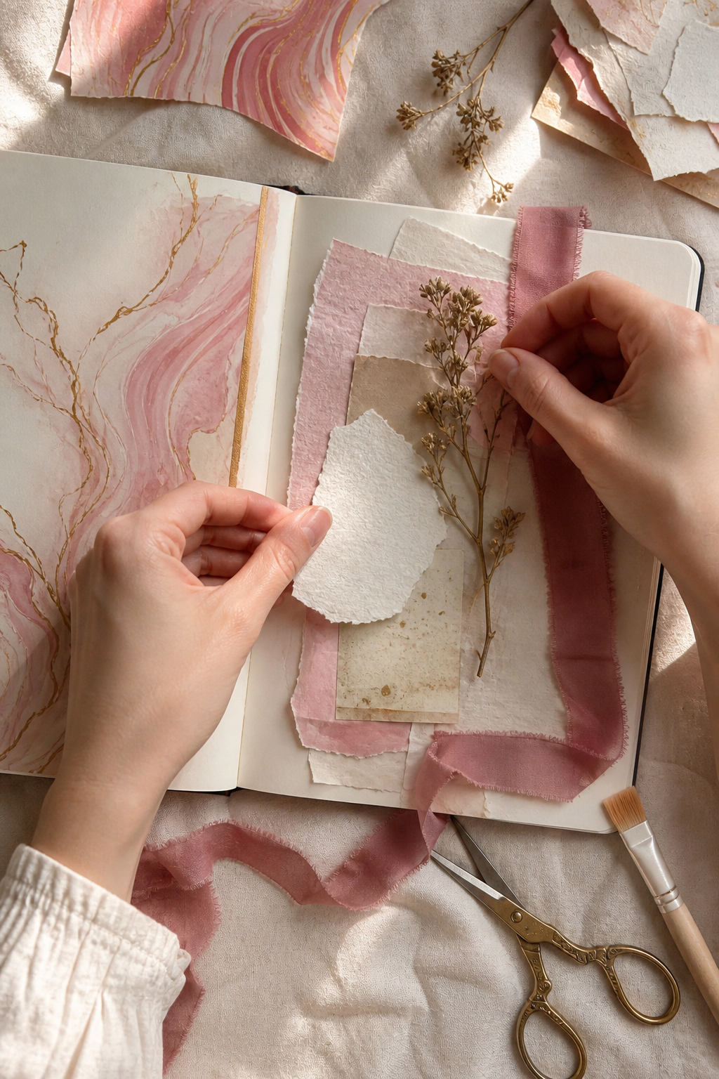 Hands arranging blush, porcelain, gold, ribbon, and dried flowers in an elegant journal