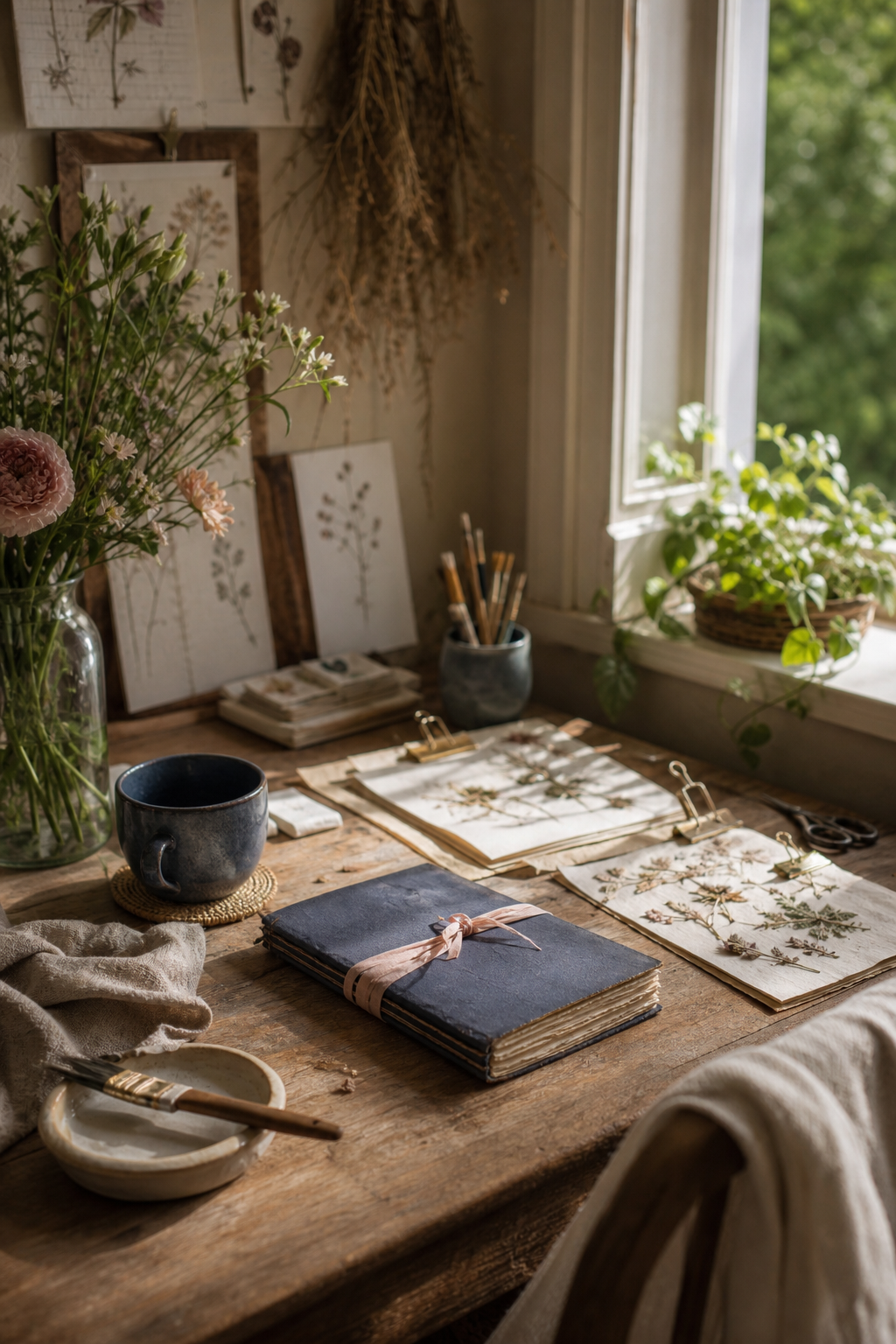 Quiet craft table with clipped papers drying flat beside a closed journal