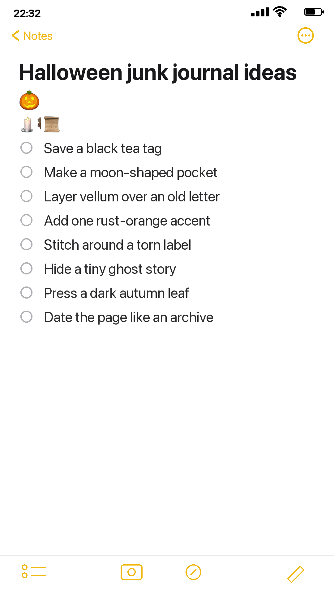 Authentic iPhone Notes checklist of Halloween junk journal ideas