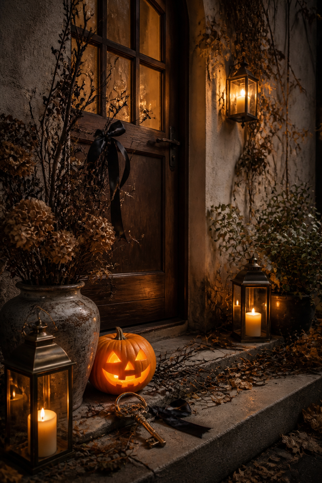 Old cottage doorway with a glowing pumpkin, black ribbon, antique key, and lanterns
