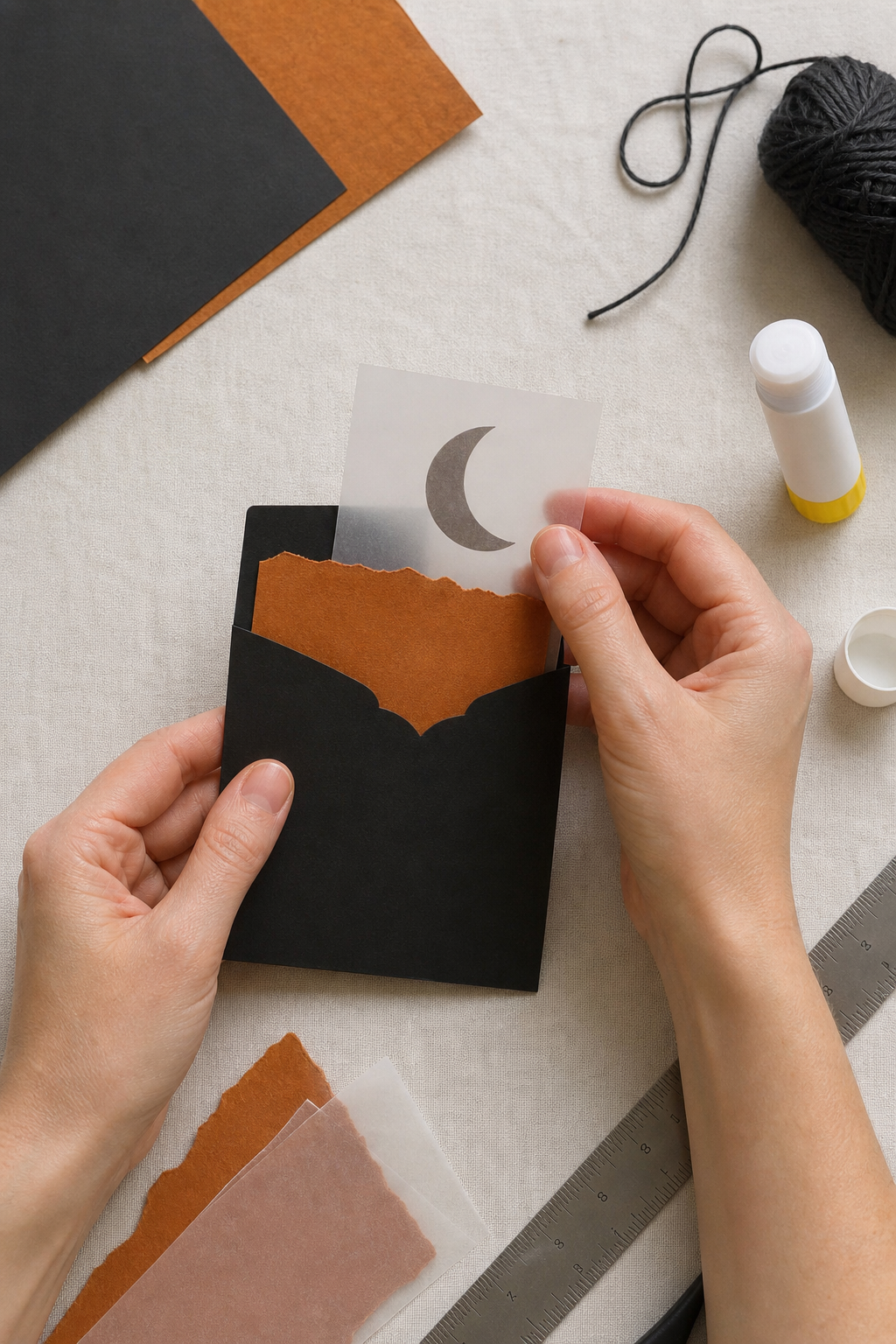Hands assembling a black and burnt orange Halloween journal pocket with a vellum crescent moon