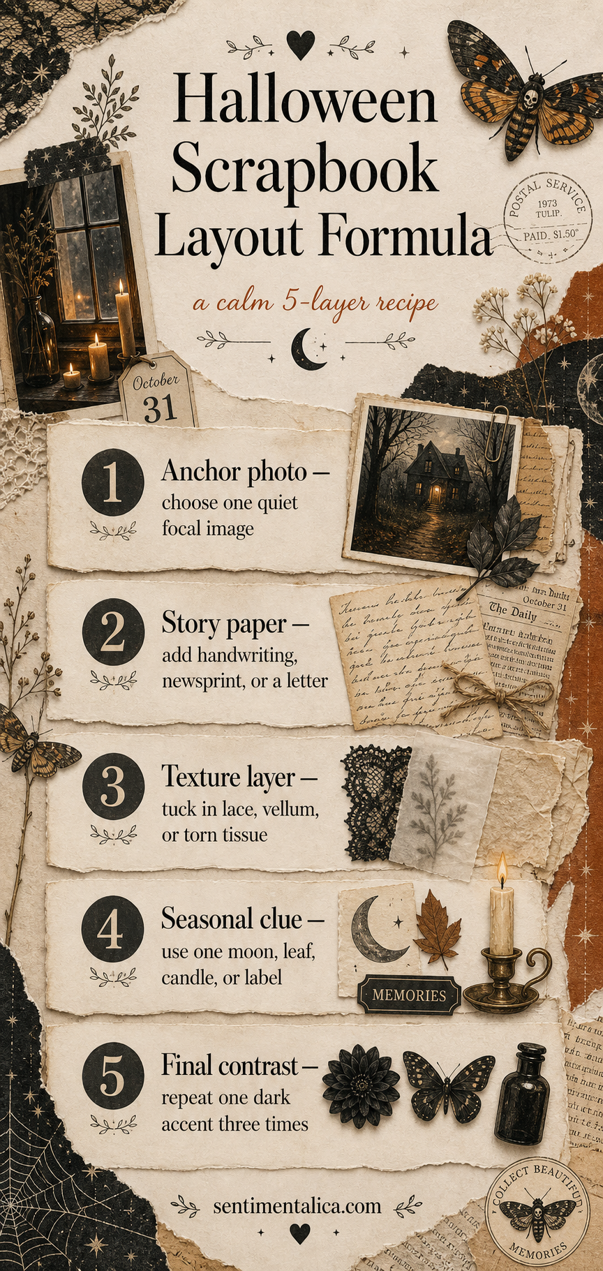 Halloween scrapbook layout formula infographic with five numbered layers