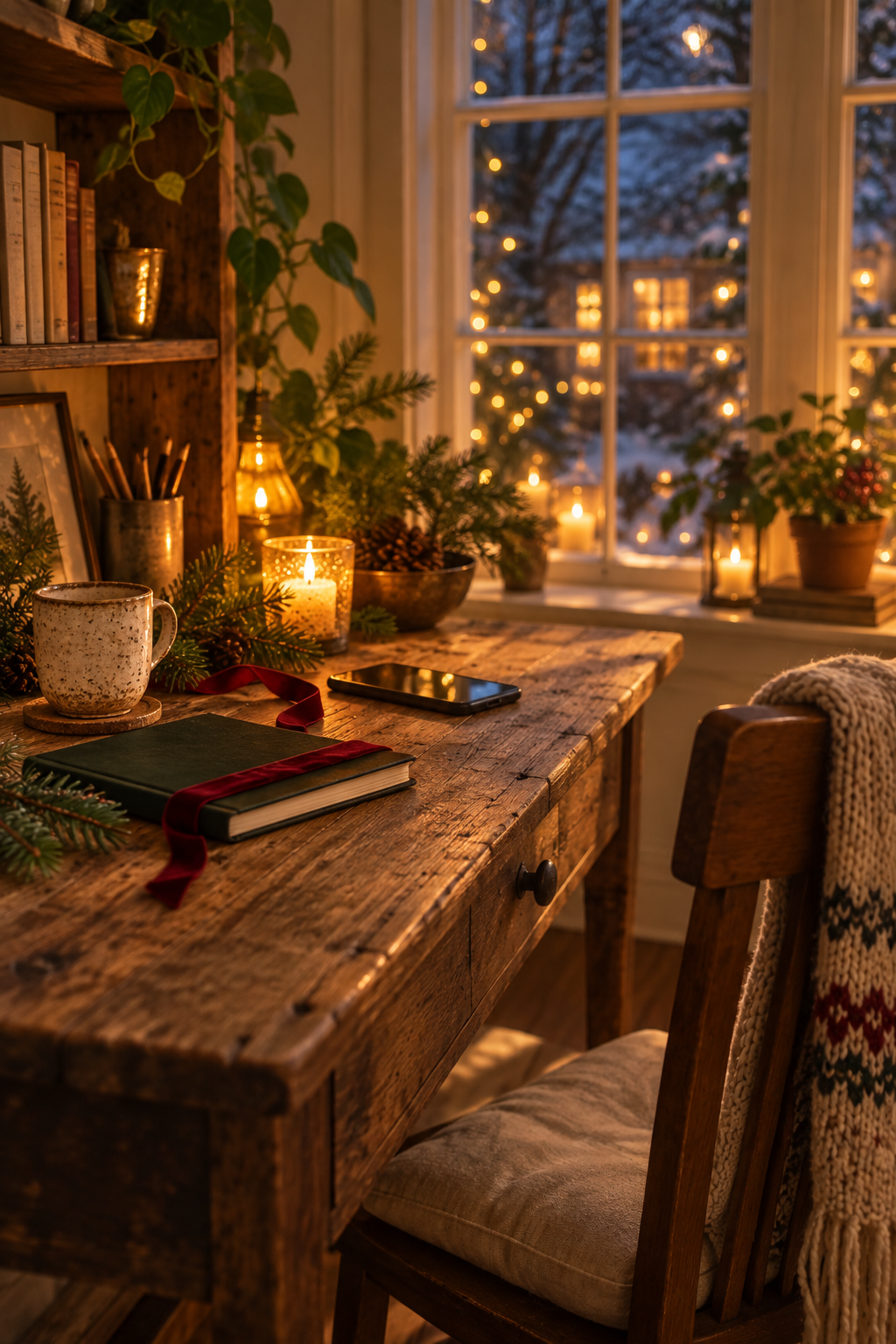 A warm holiday evening desk with a phone, ribbon, pine and a closed journal