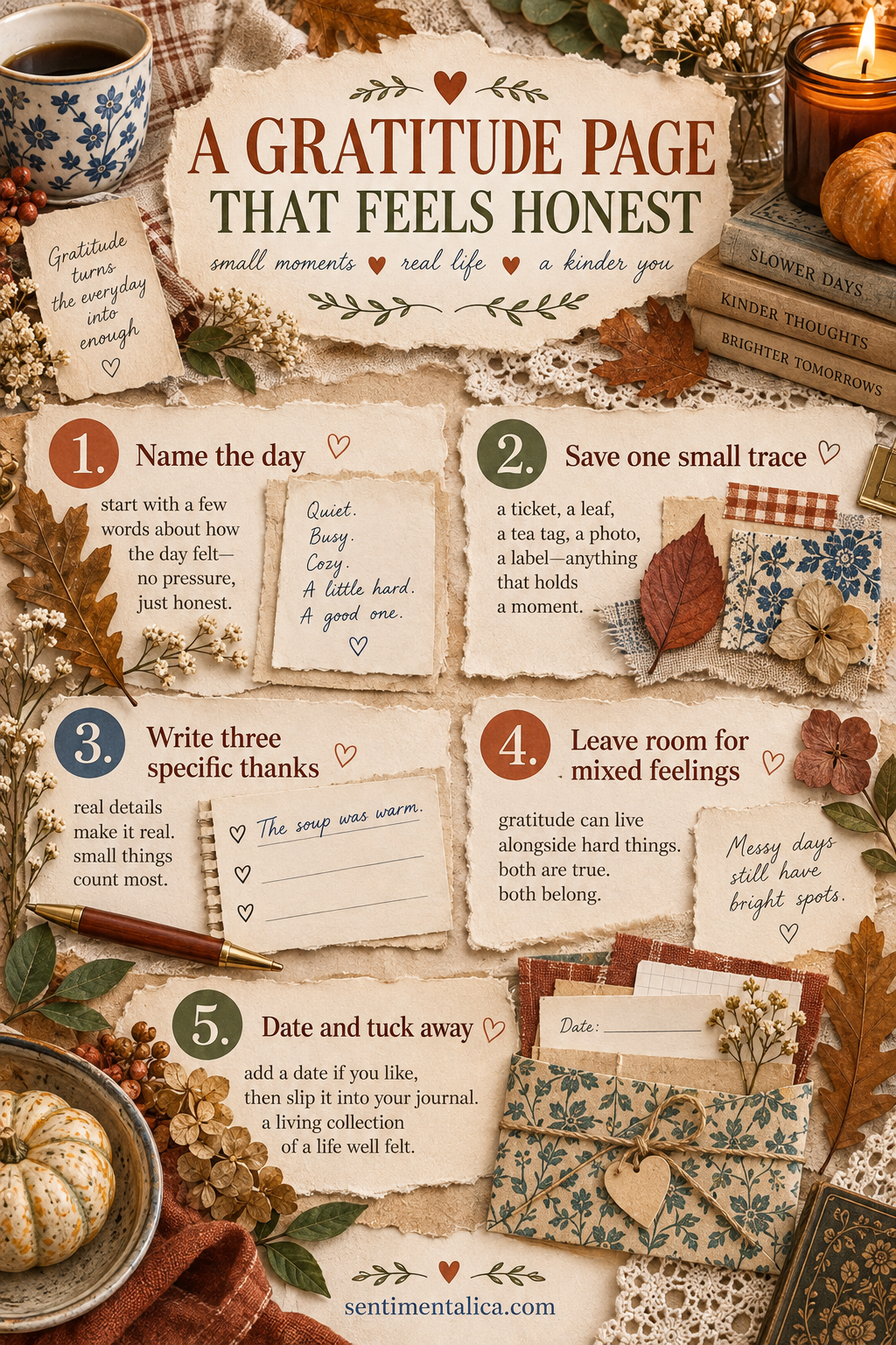 Five-step visual guide to an honest gratitude journal page