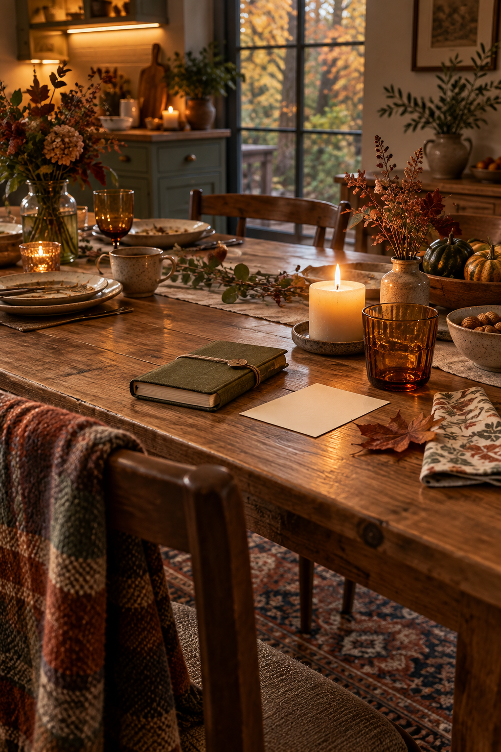 An autumn table after a gathering with a journal waiting beside a blank note