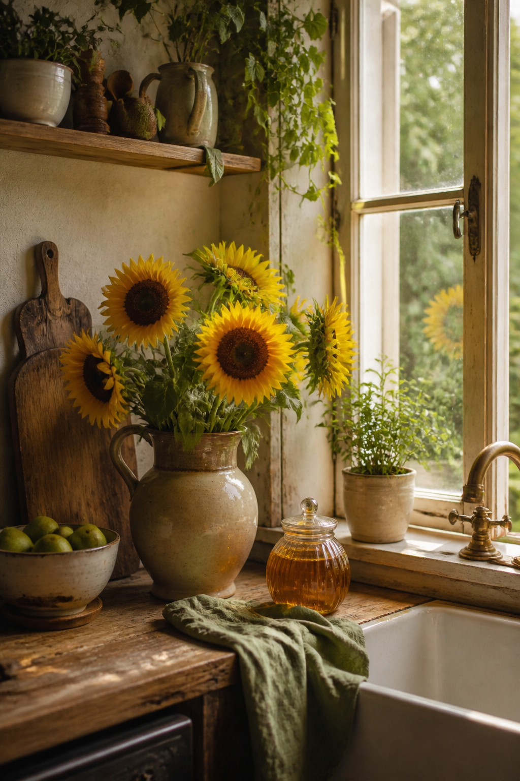 Sunflowers and honey-colored glass in a late-summer farmhouse kitchen