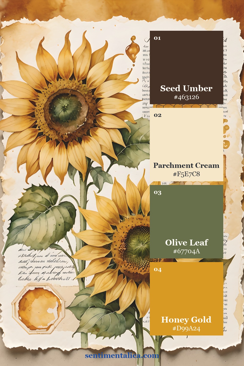 Sunflower collage with umber cream olive and honey gold palette