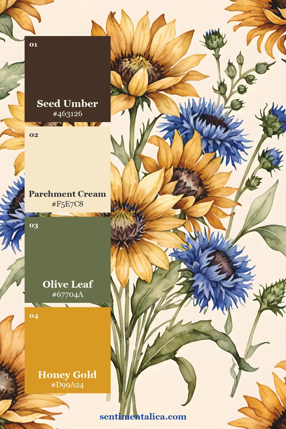Sunflowers and blue cornflowers with a four-color journal palette