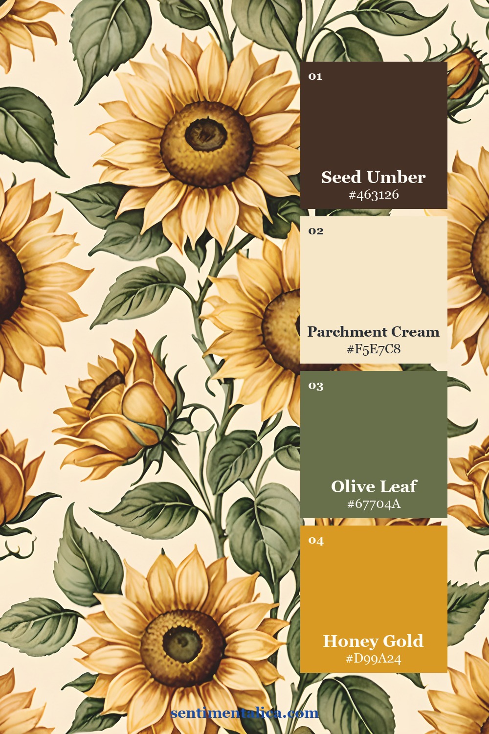 Sunflower and rose pattern with honey gold botanical palette