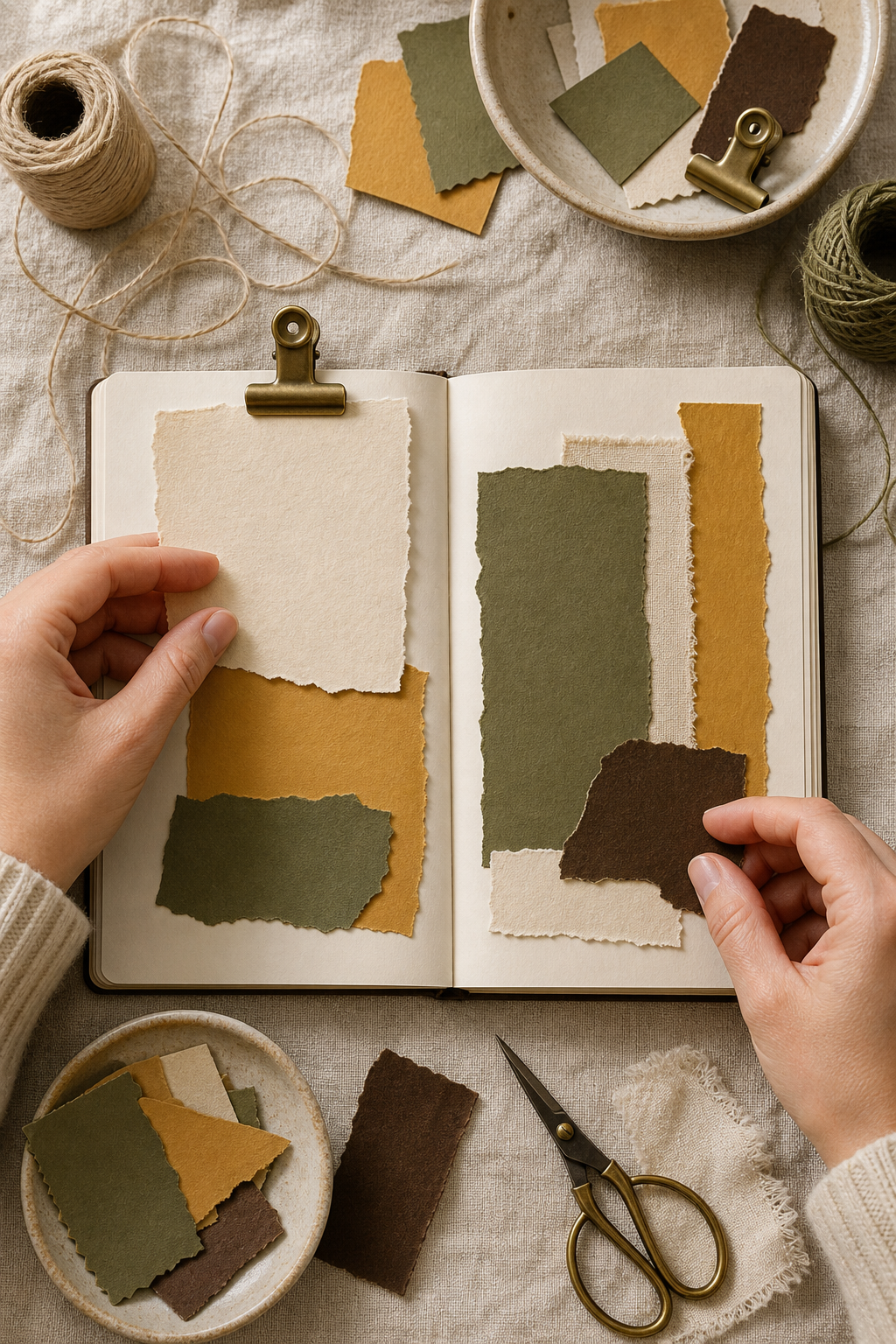 Hands arranging cream olive gold and umber paper layers in a journal