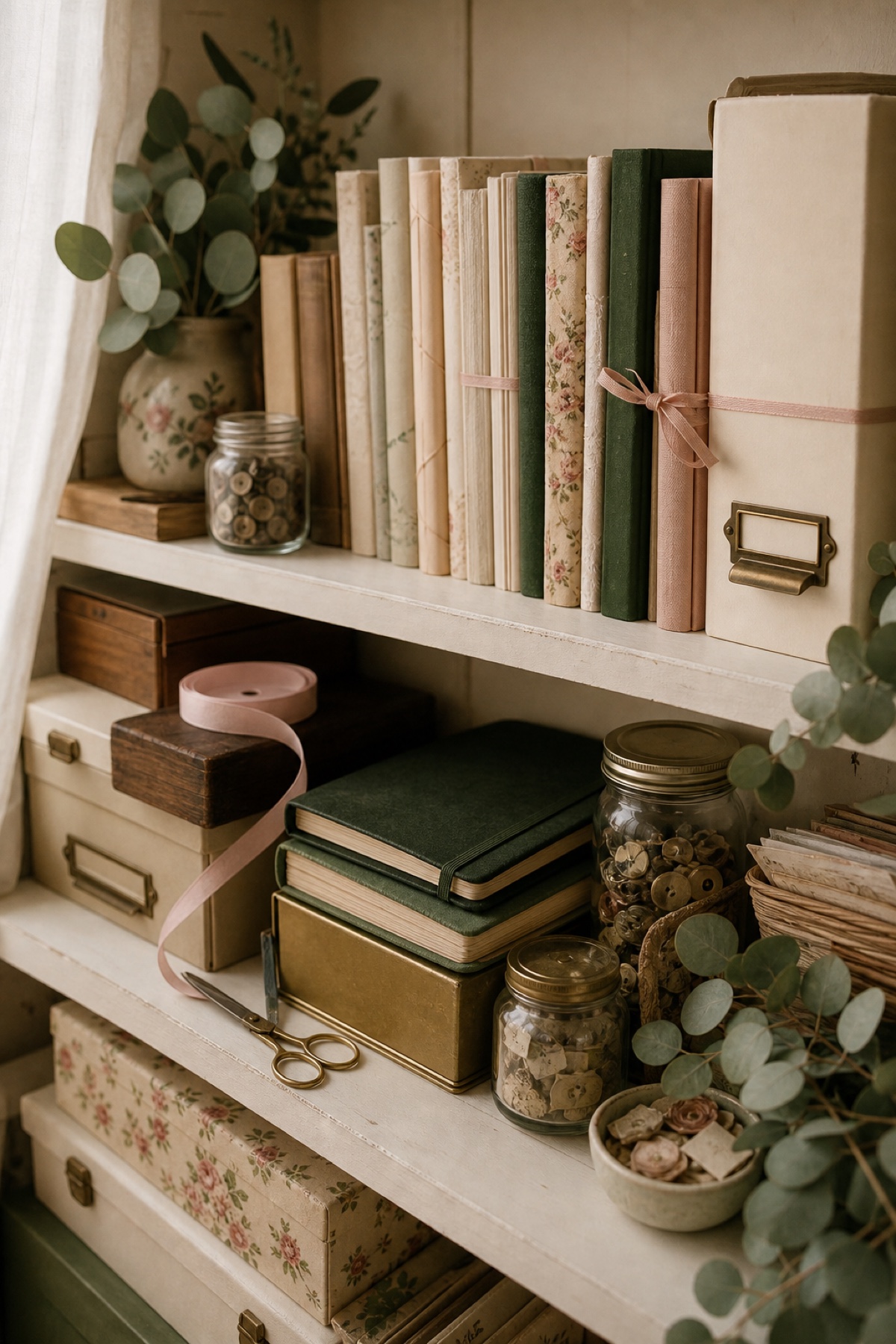 Warm vintage shelf of cream, sage, forest, blush, and brass journal materials sorted into a limited palette
