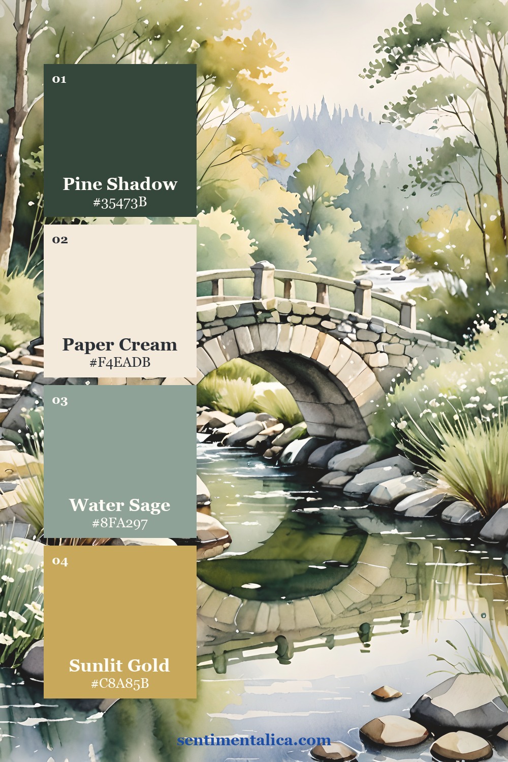 Golden Bridge palette with pine shadow, paper cream, water sage, and sunlit gold