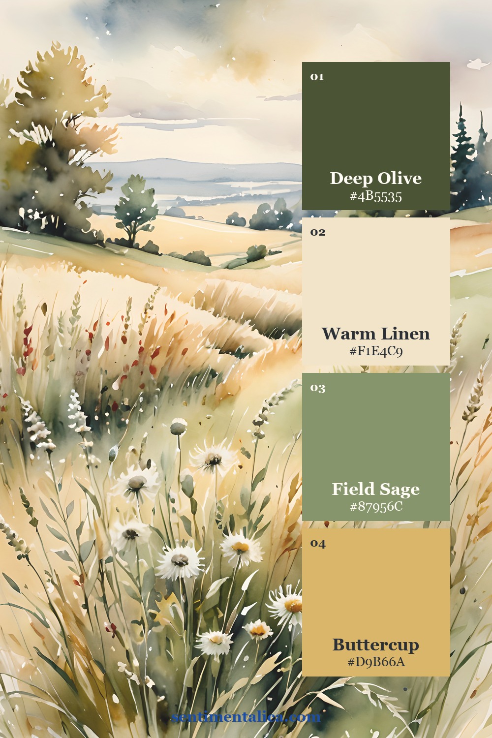 Meadow Light palette with deep olive, warm linen, field sage, and buttercup