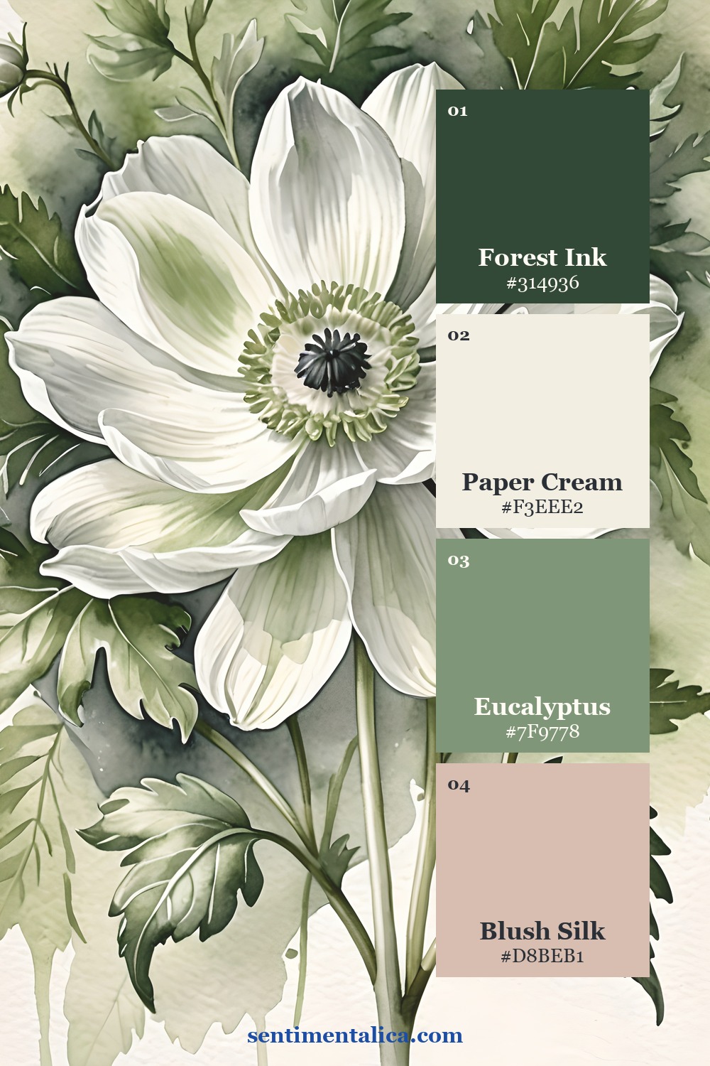Sage Garden palette with forest ink, paper cream, eucalyptus, and blush silk