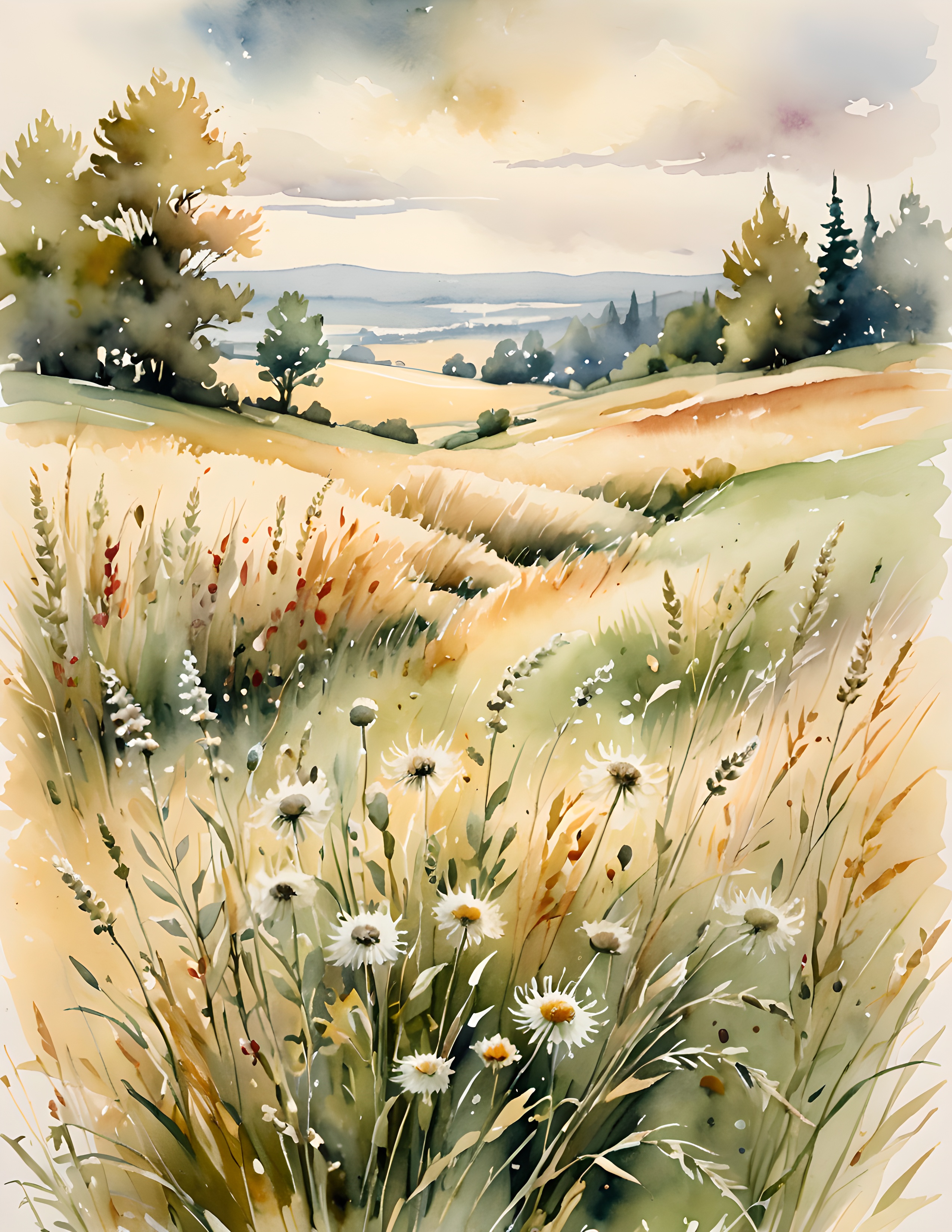 Silk Promise meadow page with cream daisies, olive grass, and warm golden light