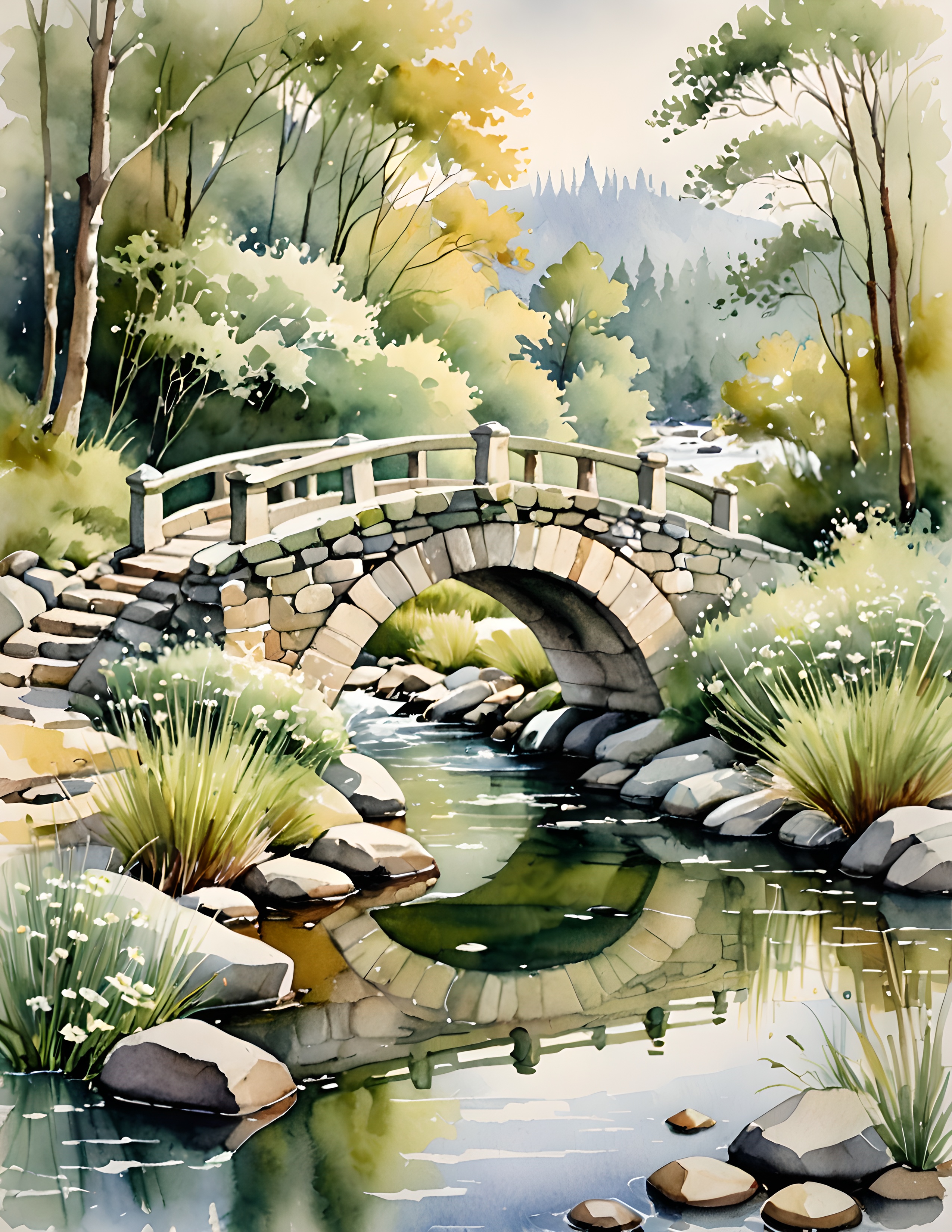 Silk Promise landscape page with a stone bridge, sage water, and golden foliage