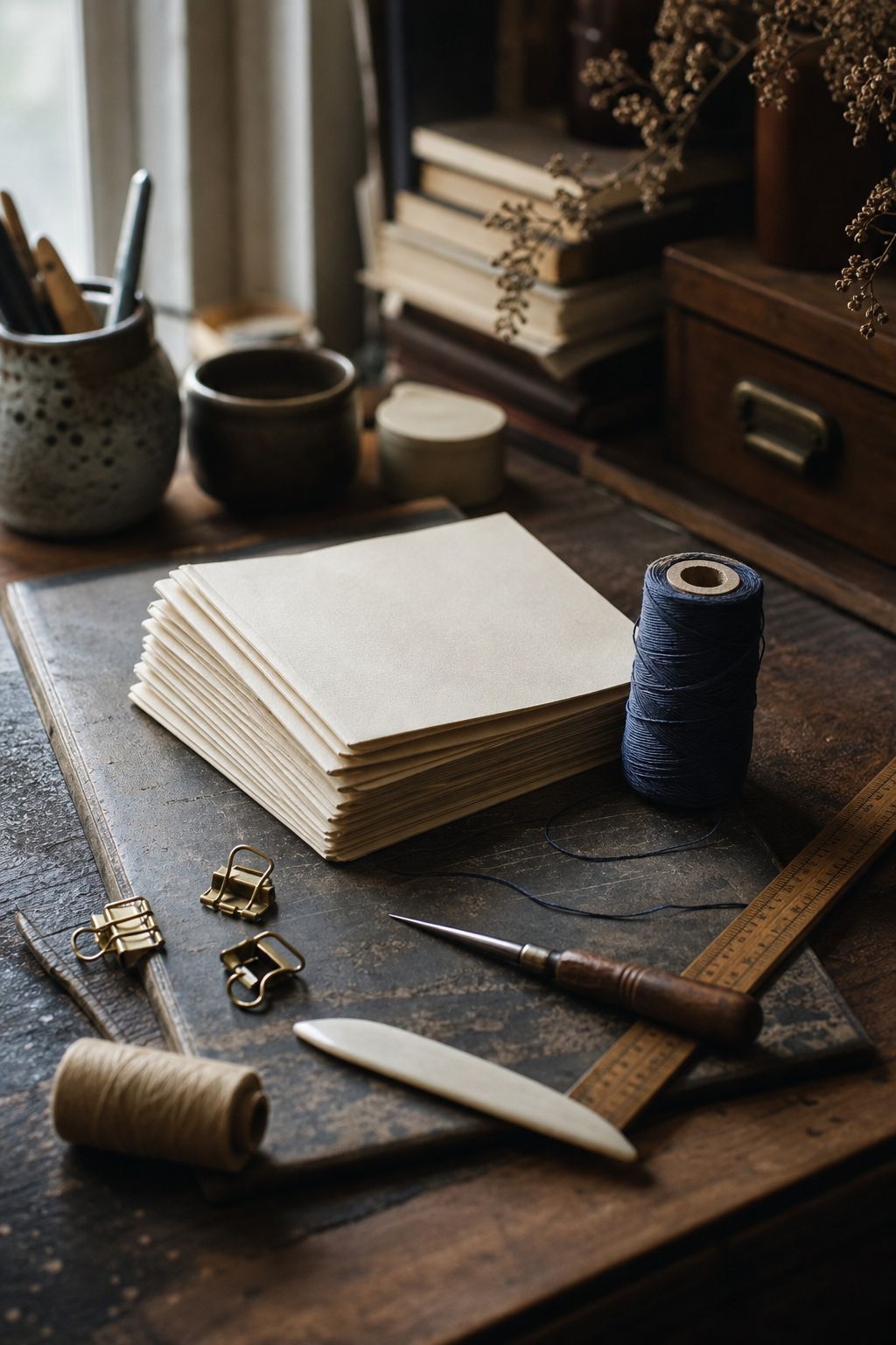 Quiet bookbinding table with signatures thread awl and clips