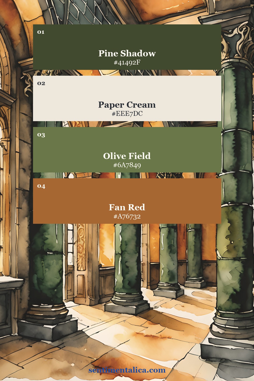 Dragon Fire architectural palette with pine shadow, cream, olive, and burnt orange