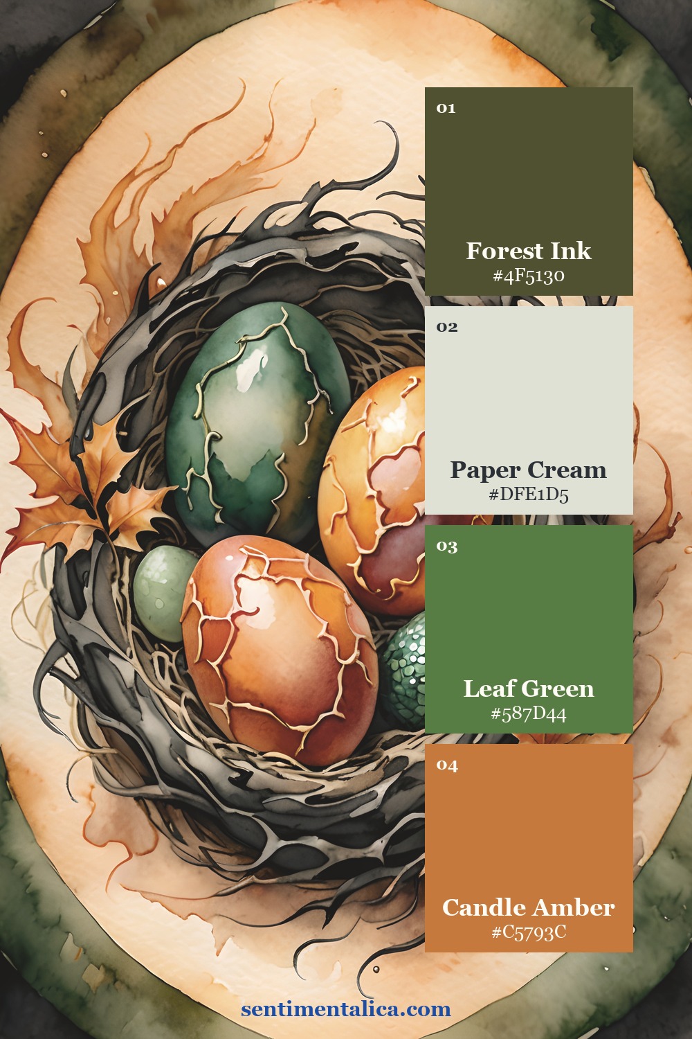 Dragon Fire egg-nest palette with deep green, parchment, olive, and orange