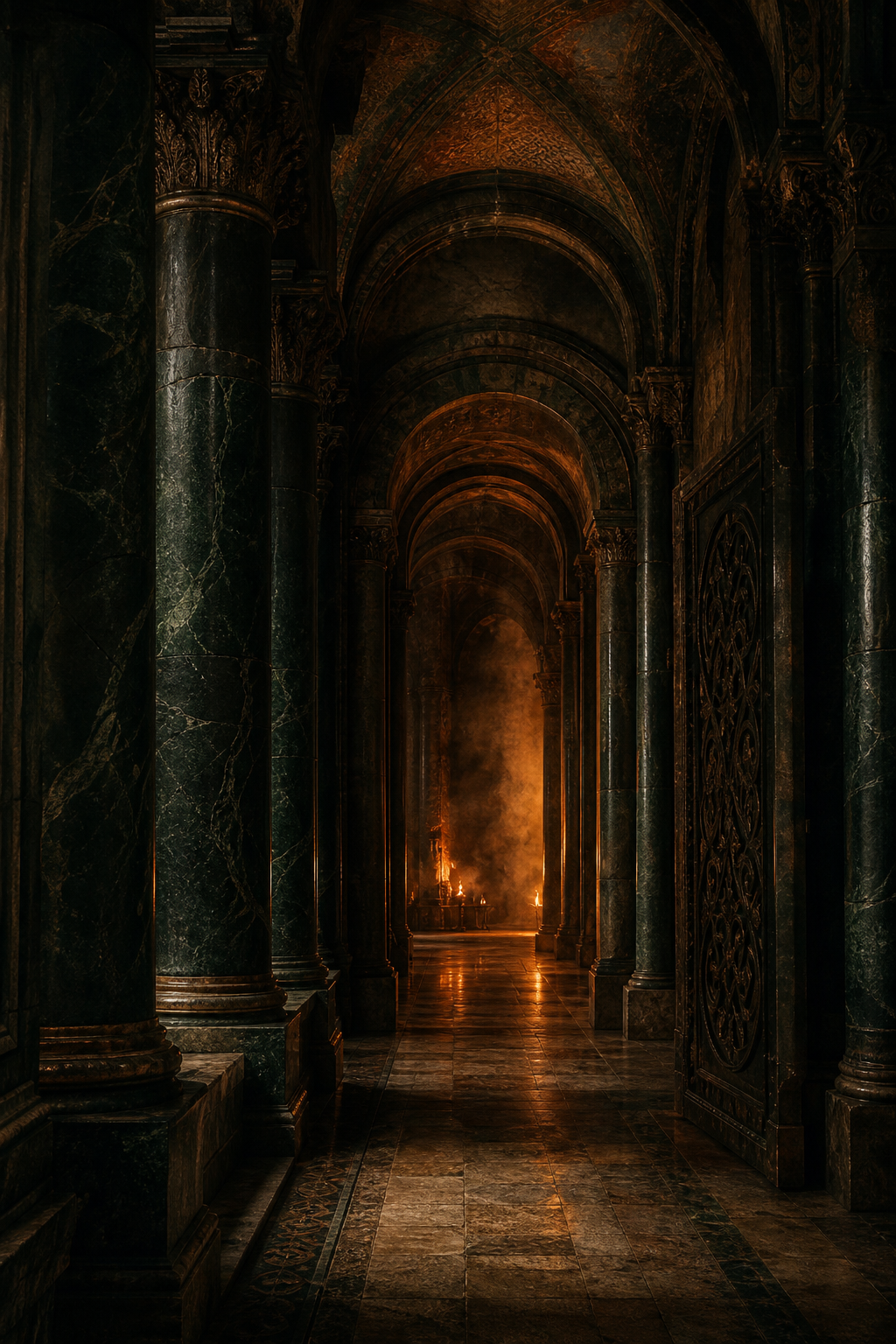Empty green-black fantasy corridor lit by distant amber firelight