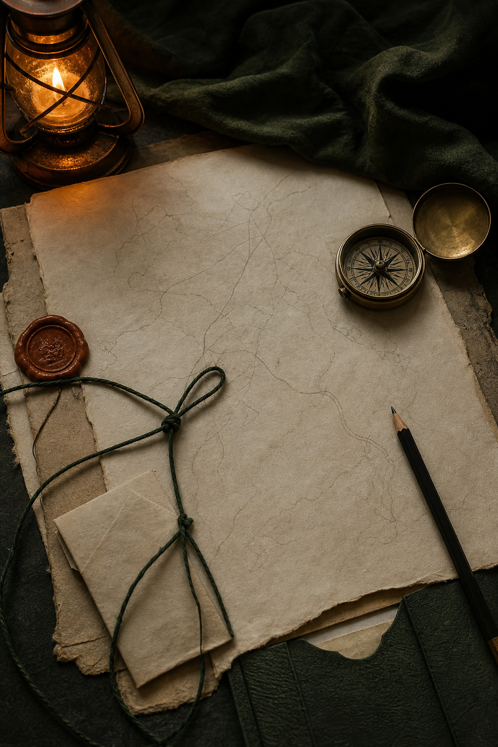 Fantasy journaling process scene with parchment map, green thread, wax seal, compass, and pencil