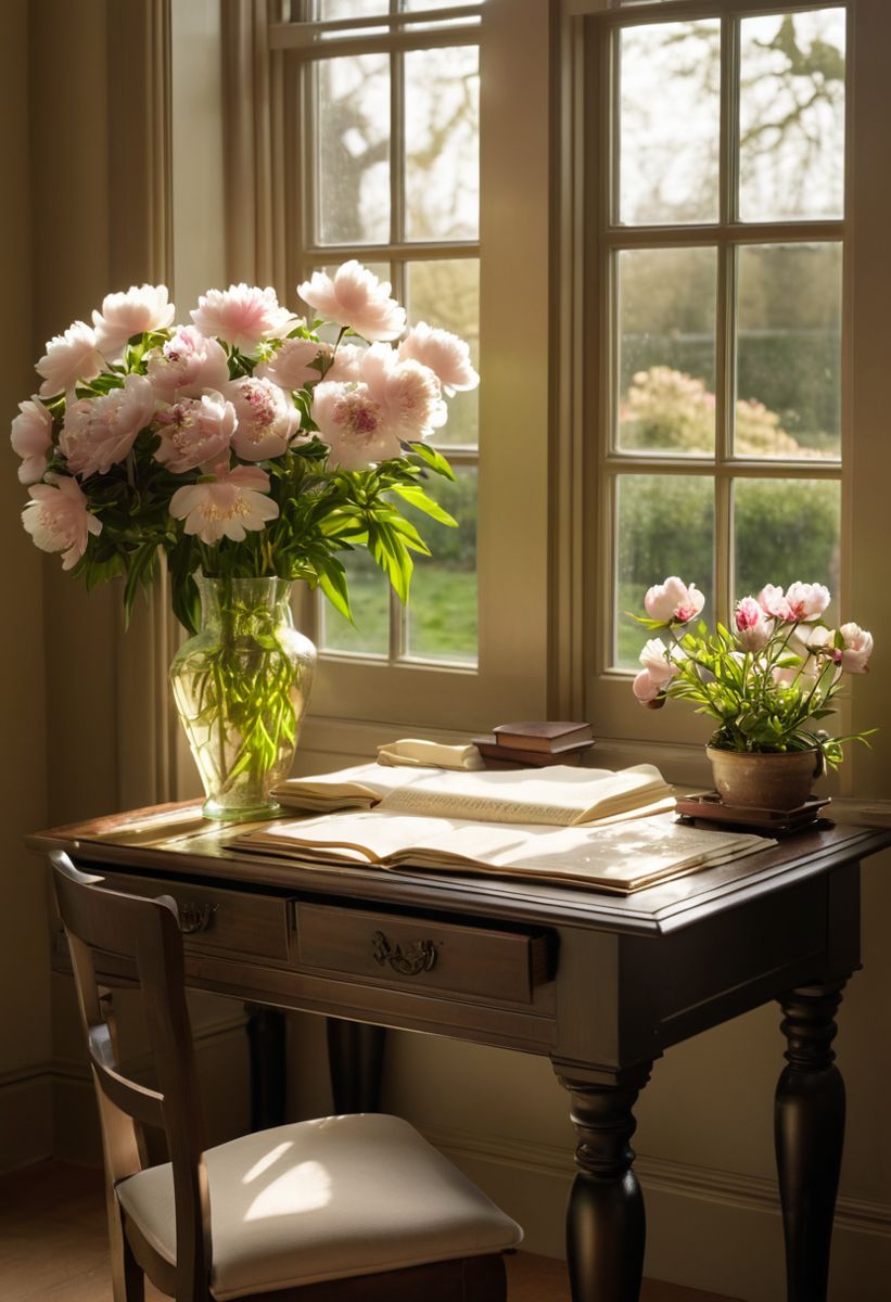 a journaling desk with a garden view
