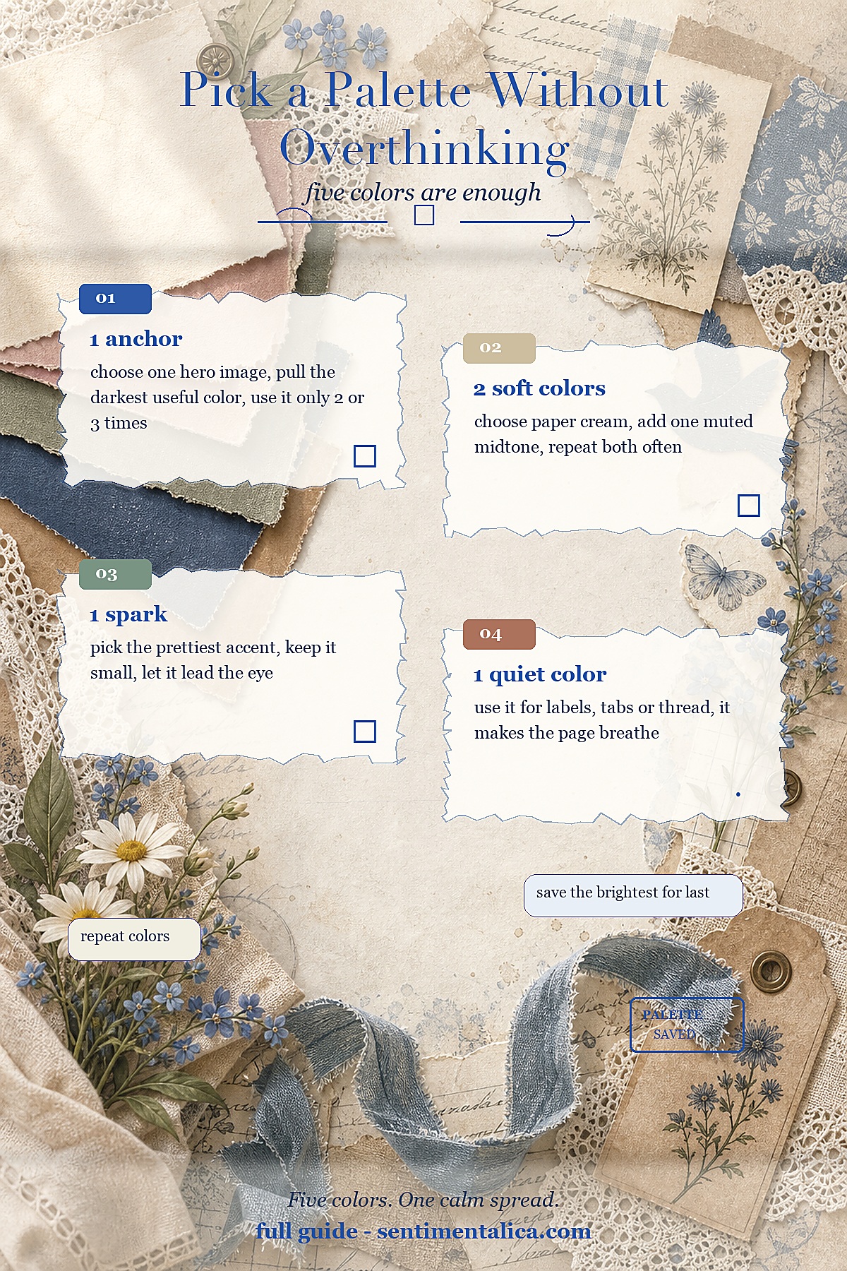 Infographic for choosing a junk journal color palette without overthinking it