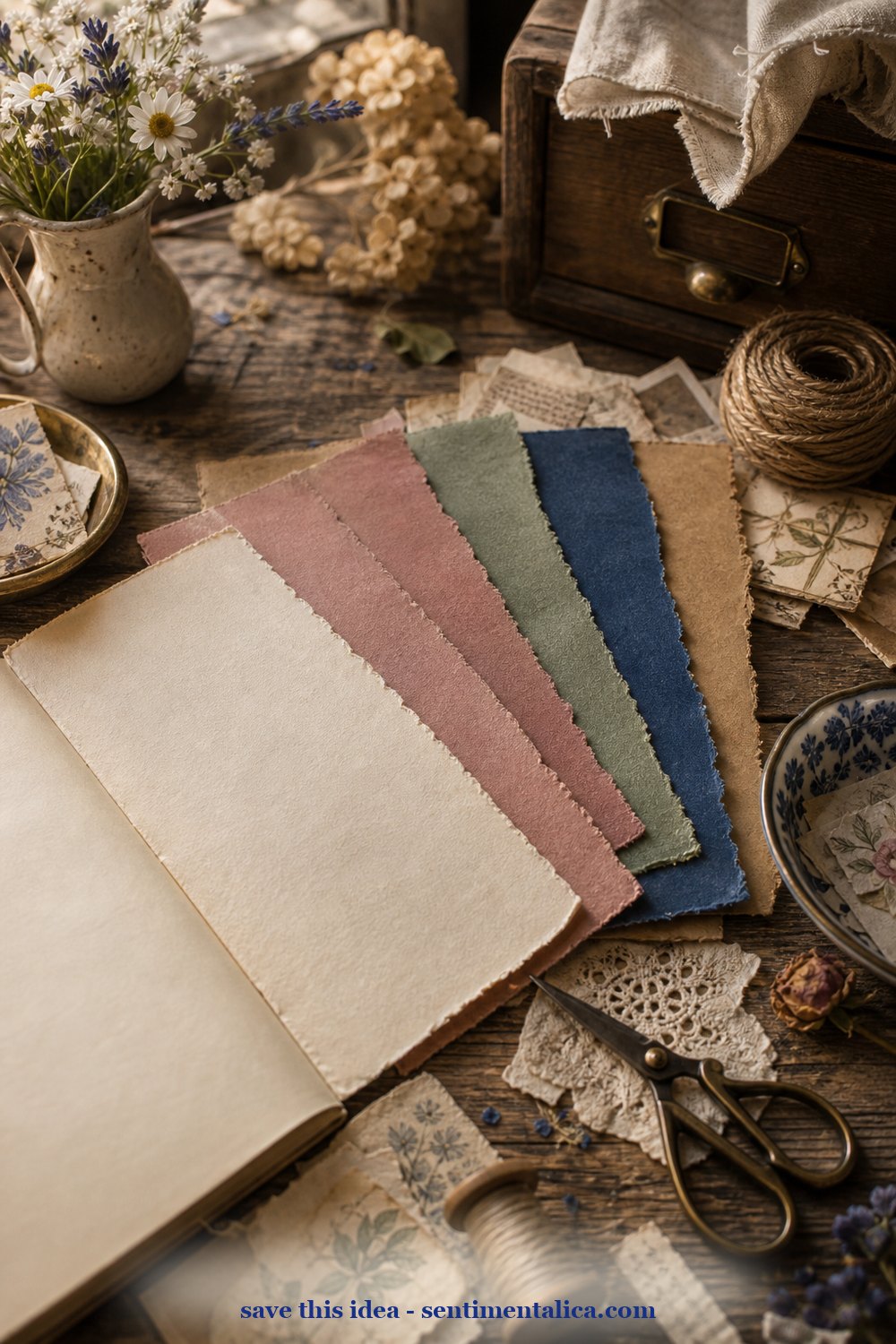 Realistic journal desk scene with five chosen paper colors