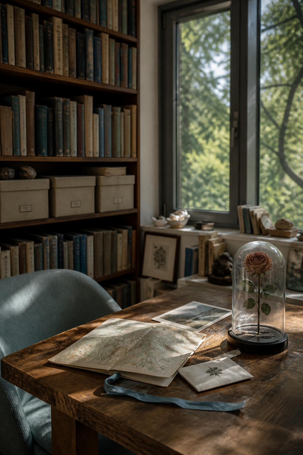 Book-lined creative room with a map, landscape photographs, blue ribbon and a faded rose under glass