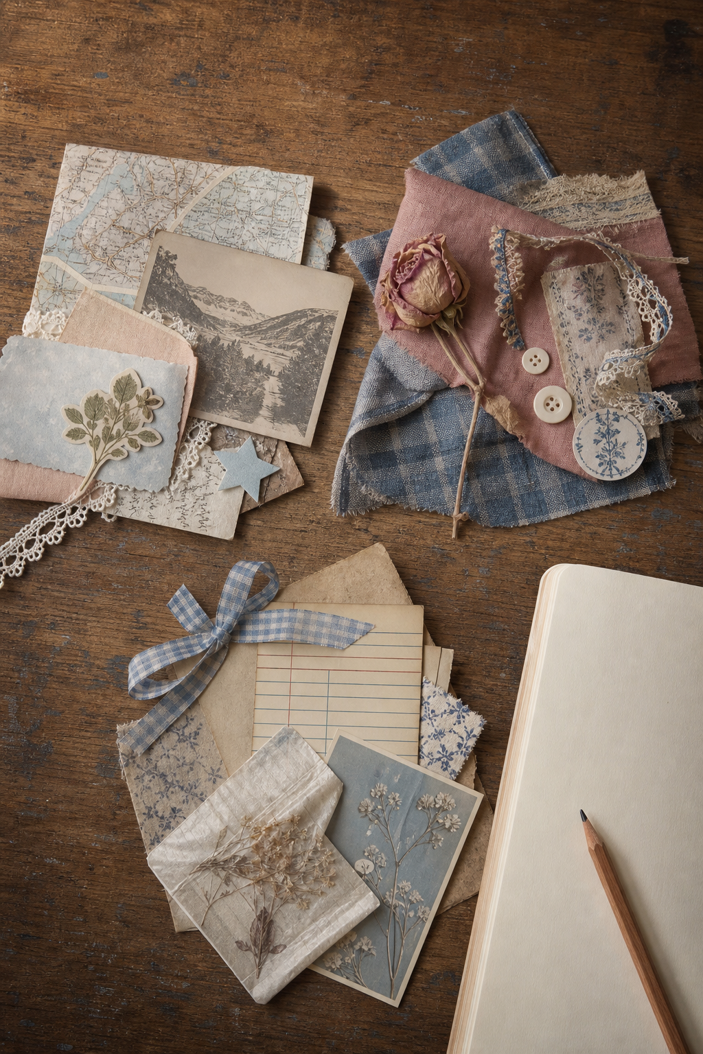 Theme-testing table with map, landscape, faded rose, blue cloth, ribbon and botanical details