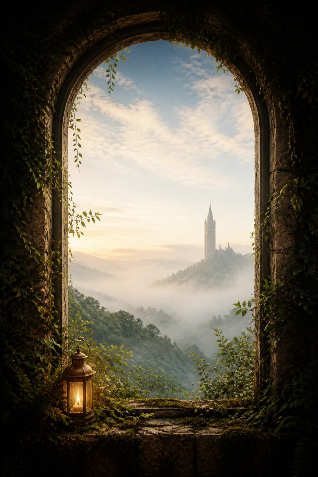 Enchanted tower view with quiet mist and room for phone controls