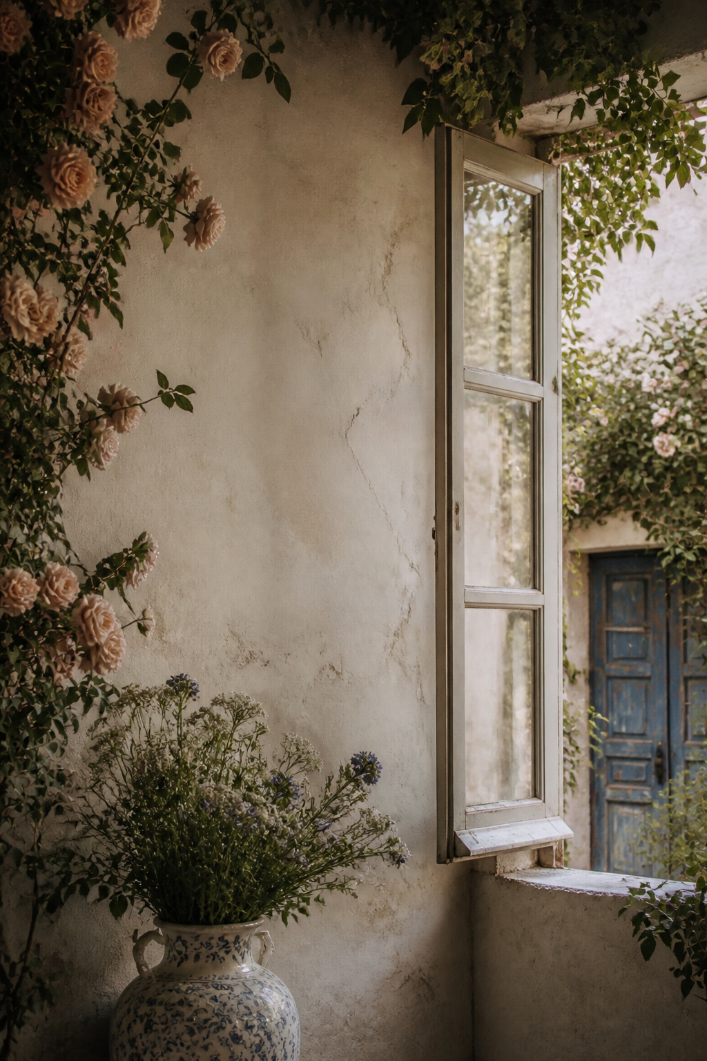 Romantic vintage window scene with calm negative space for a phone screen