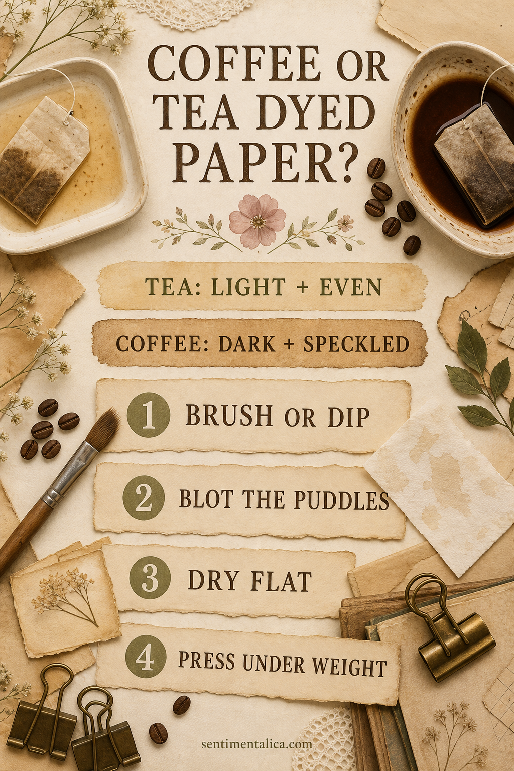 Coffee or tea dyed paper infographic comparing color and four steps for flatter results