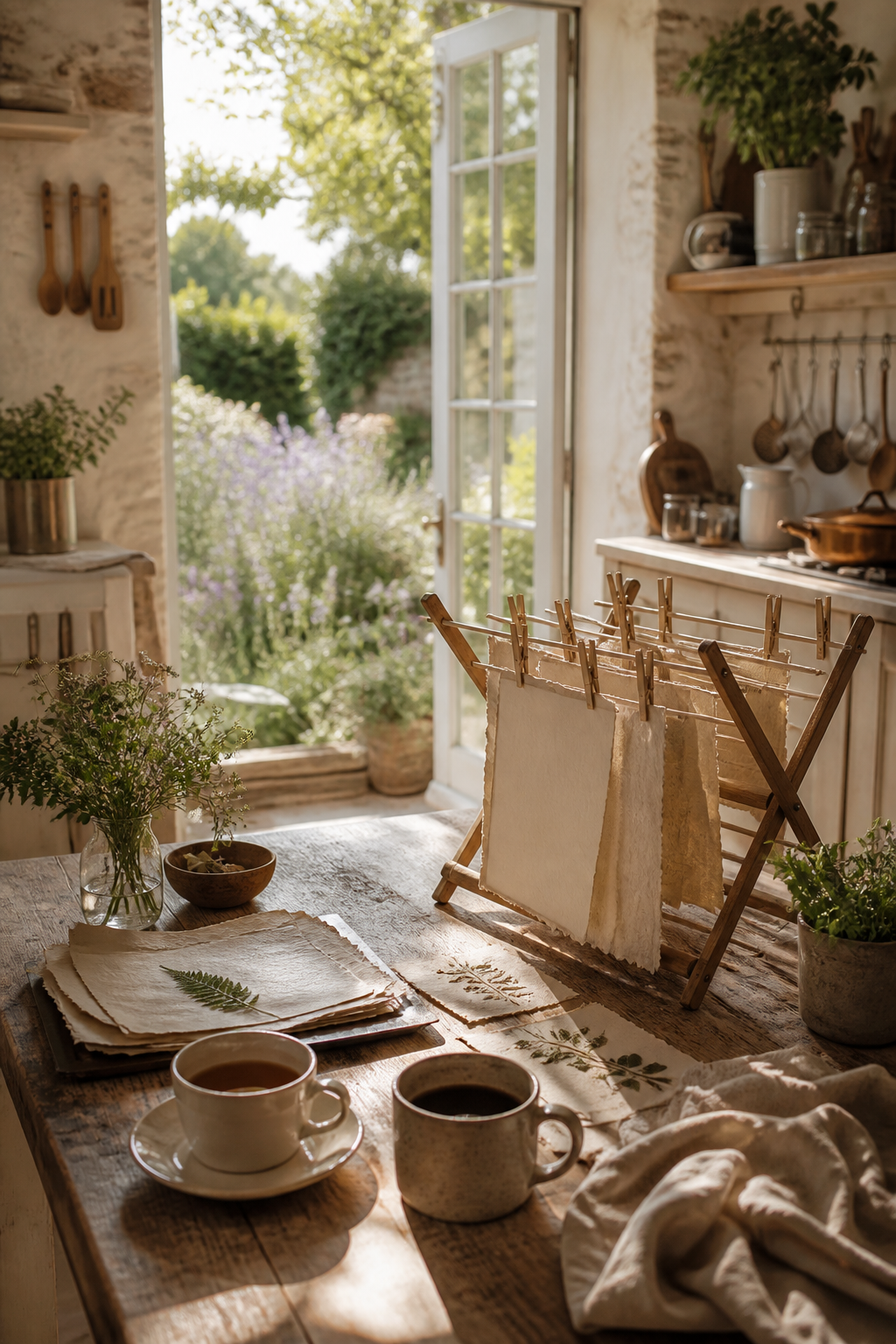 Sunlit cottage kitchen with coffee and tea, stained paper sheets drying on a wooden rack
