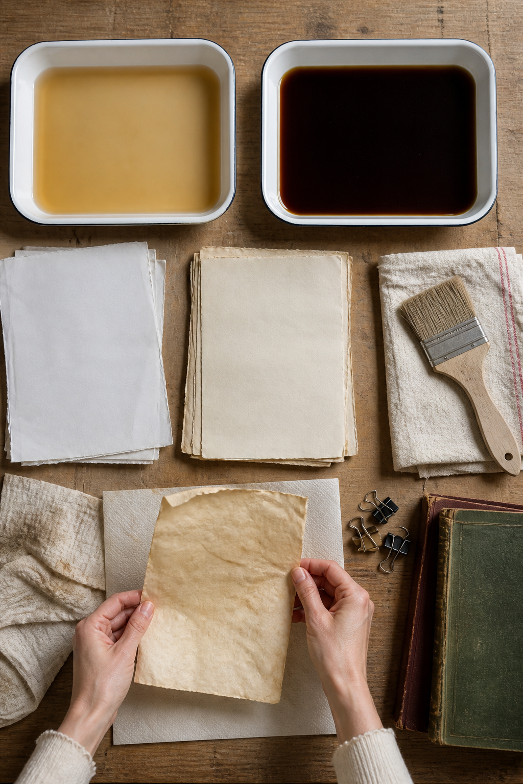 Overhead coffee and tea paper dyeing station with two trays, brush, blotting cloth, clips, and pressing books