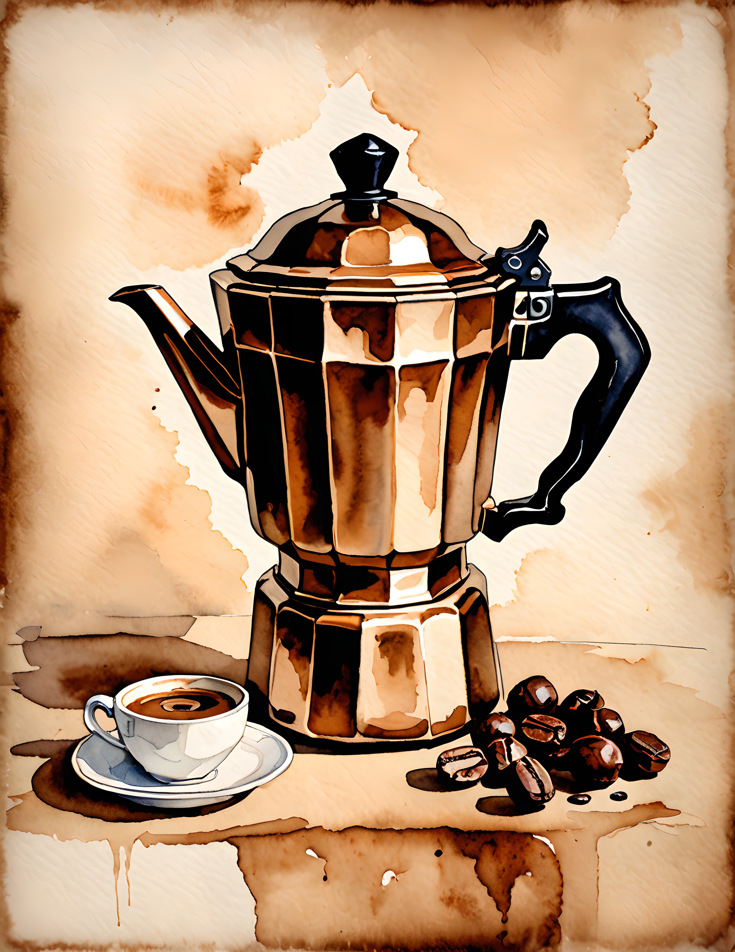 Real Morning Brew printable page with a moka pot, coffee cup, beans, and stained paper