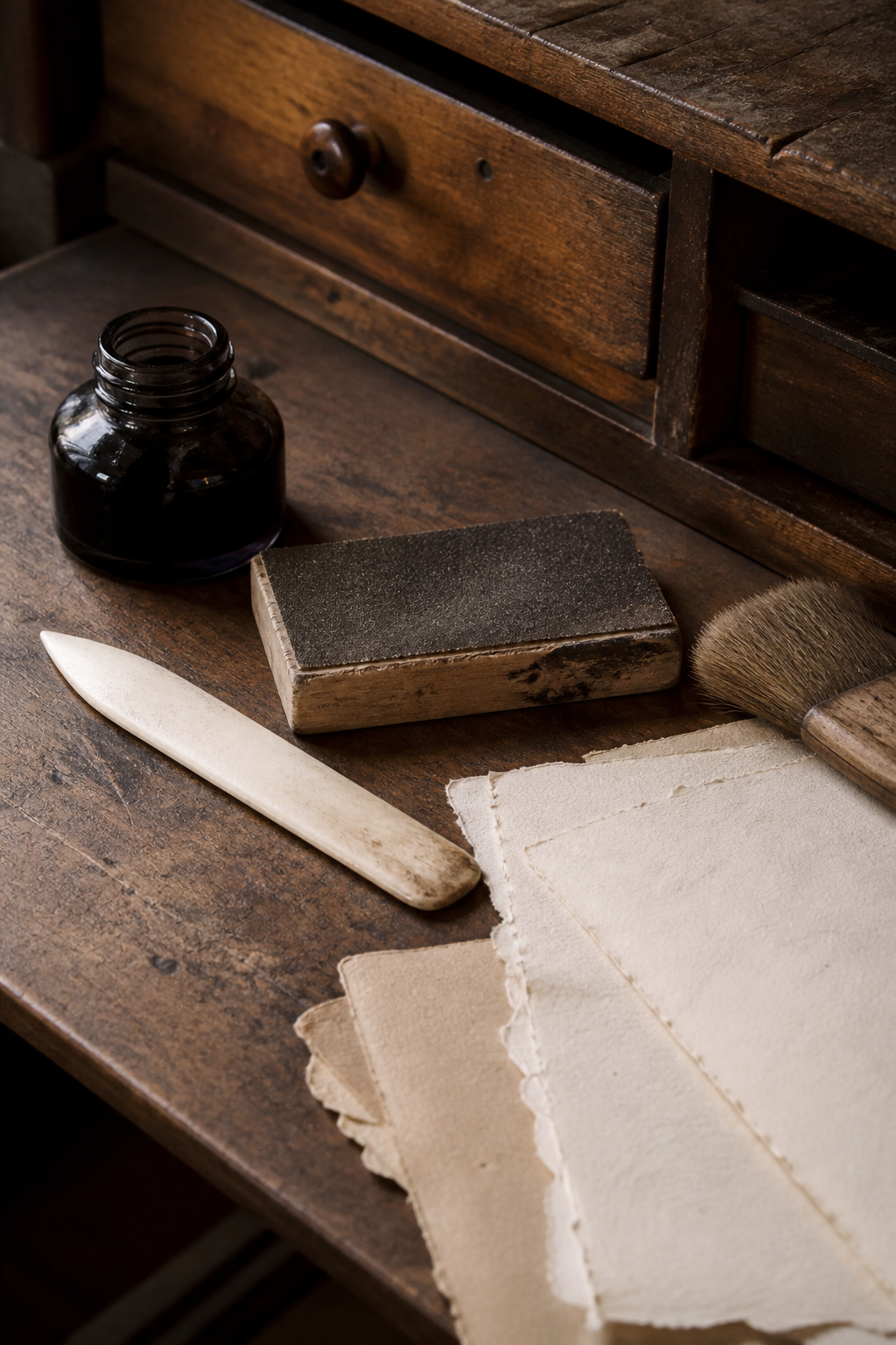 Old bookbinder workbench with sandpaper, bone folder, deckle paper, brush, and walnut ink