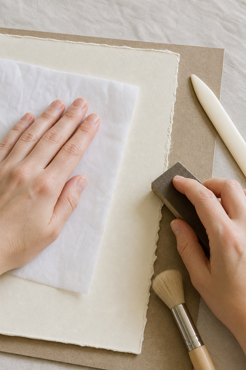 Hands sanding the deckled edge of cream paper while protecting the center with a clean sheet