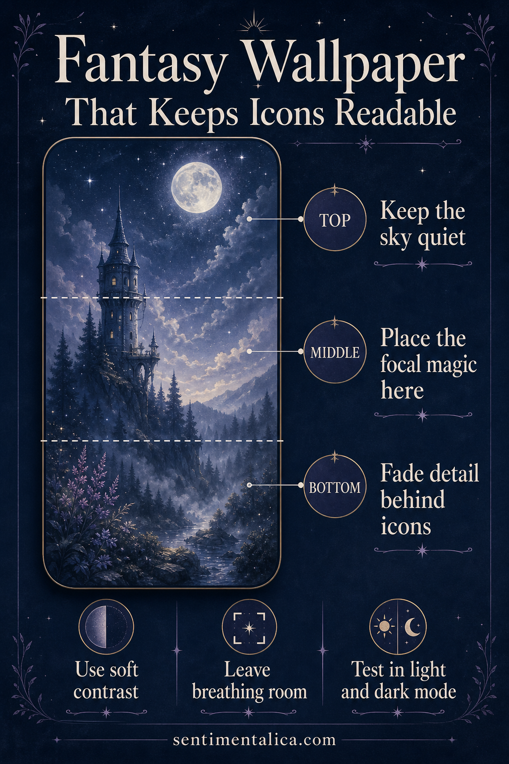 Fantasy phone wallpaper infographic showing readable top middle and bottom zones