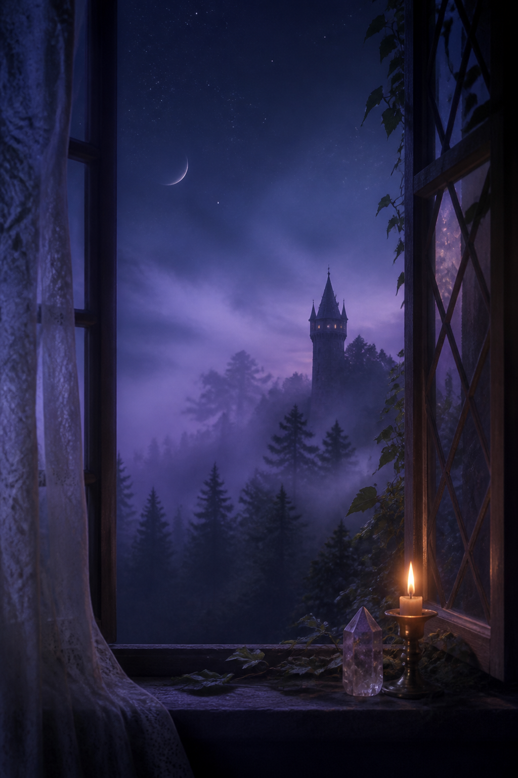 Moonlit fantasy tower beyond a misty forest window