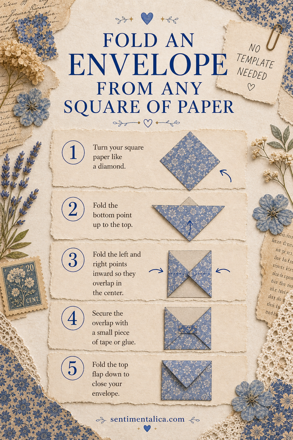 Step-by-step infographic for folding an envelope from a square of paper
