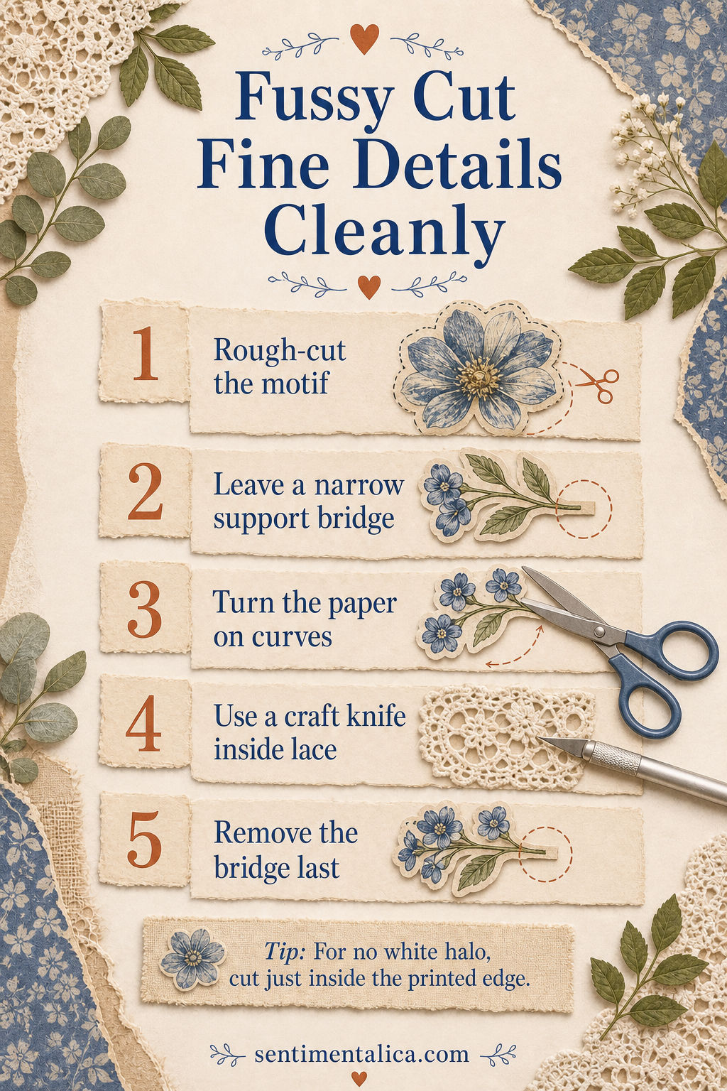 Five-step fine-detail fussy cutting infographic