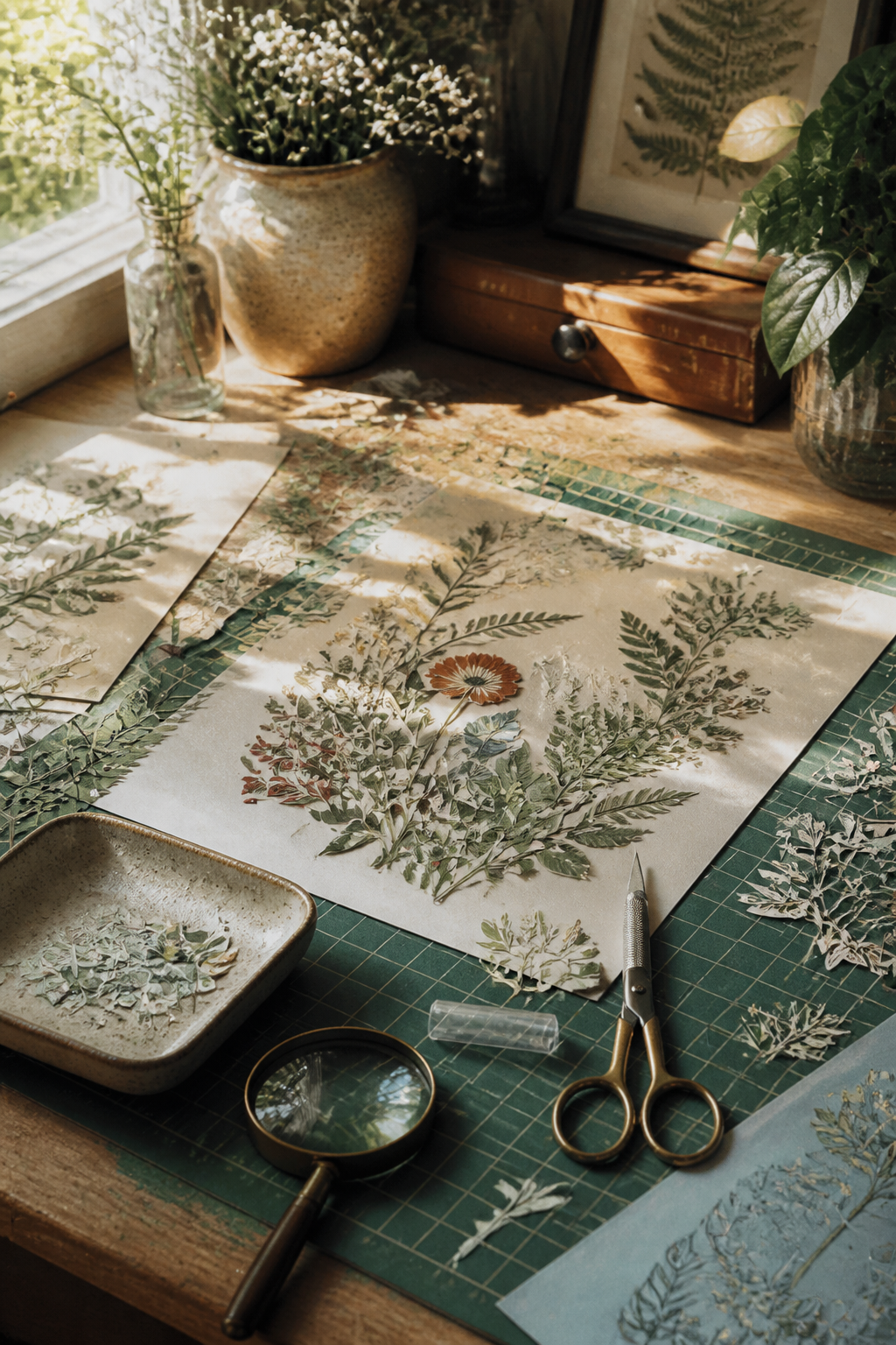 Precise botanical fussy cutting workspace with tools