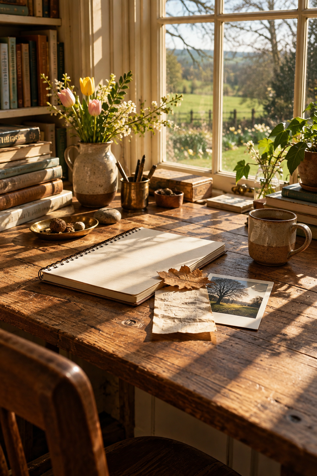 A warm collector desk with a receipt, leaf and photograph waiting beside a notebook